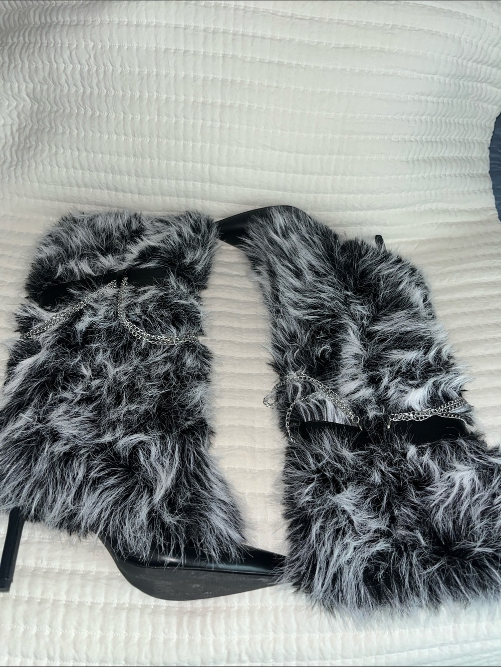 SHEIN Black and White Faux Fur Heeled Boots